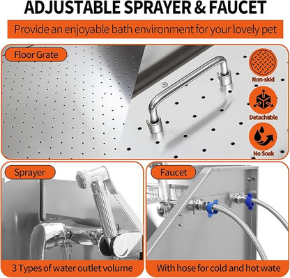 38" Stainless Steel Dog Cat Pet Grooming Bath Tub (w/Faucet, Sprayer, Shampoo Rack),Right Door