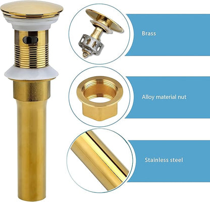 Bathroom Sink Drain, 2 Pack Gold Drain Stopper Bathroom Sink with Overflow, Pop Up Drain Assembly with Detachable Strainer Basket, Built-in Anti-Clogging Strainer,Stainless Steel