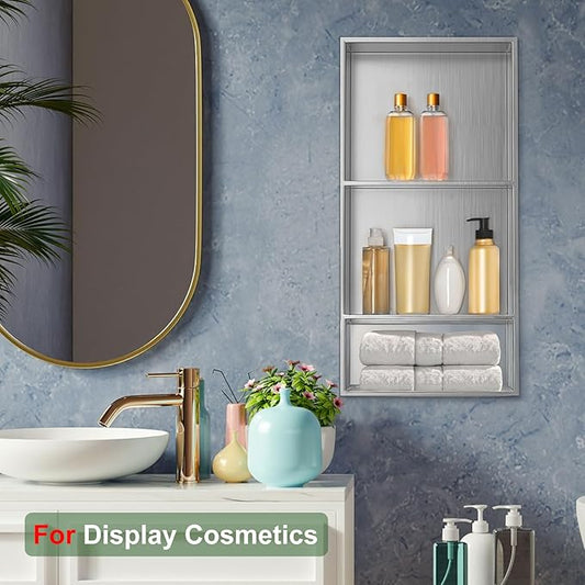 Shower Niche,12 * 30 Stainless Steel Elegant Bathroom Niche, No Tile Needed Recessed Shower Shelf Organizer for Storage,Silver