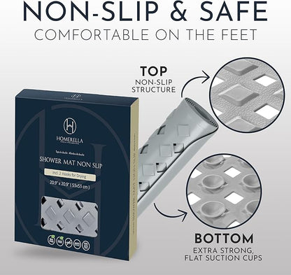 homerella® Shower Mat Non Slip Anti Mold, Non Slip Shower Mats for Inside Shower Stall Anti Slip Mat, Square Shower Floor Mat 21 x 21 in with Suction Cups & Hooks for Quick Drying, Machine Washable