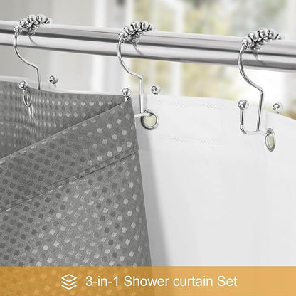3 in 1 Stall Half Size Shower Curtain Set-36 W x 72 H, Grey Waffle Waterproof Fabric and PEVA Liner Set with Stainless Steel Hooks