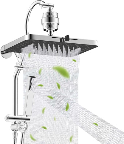 Hibbent 5-spray Filtered Rainfall Shower Head Combo, High Pressure 13'' Showerhead with Stainless Steel 4 Spray Modes Handheld, All Metal 4-way Diverter Arm with Pause Mode, 71'' Hose & Holder, Chrome