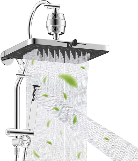 Hibbent 5-spray Filtered Rainfall Shower Head Combo, High Pressure 13'' Showerhead with Stainless Steel 4 Spray Modes Handheld, All Metal 4-way Diverter Arm with Pause Mode, 71'' Hose & Holder, Chrome