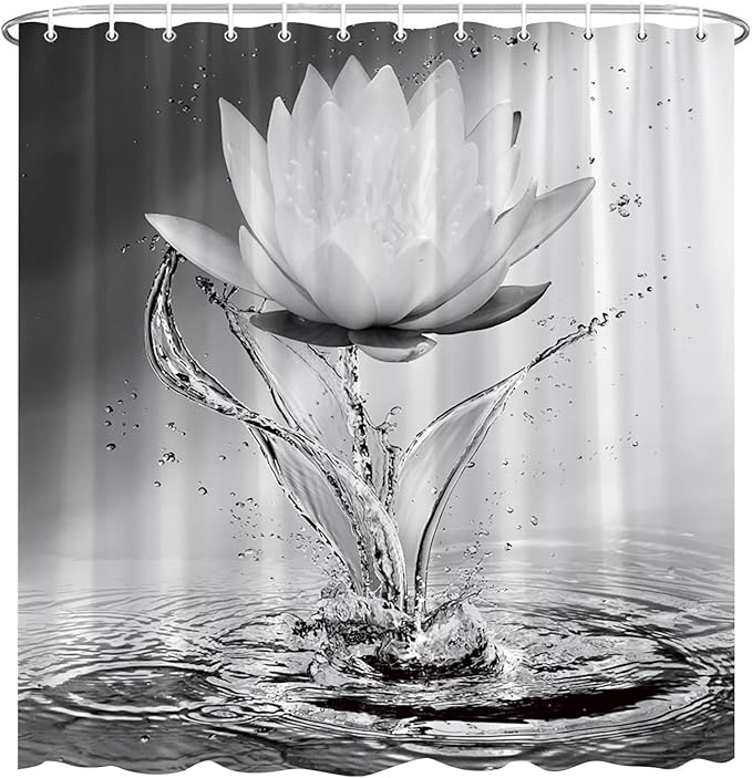 Lotus Shower Curtain Black White Grey Flower Elegant Blooming Floral with Dew Spring Flower Reflection on Water Modern Romantic Polyester Fabric Bathroom Decor 36×70 Inch with Hook
