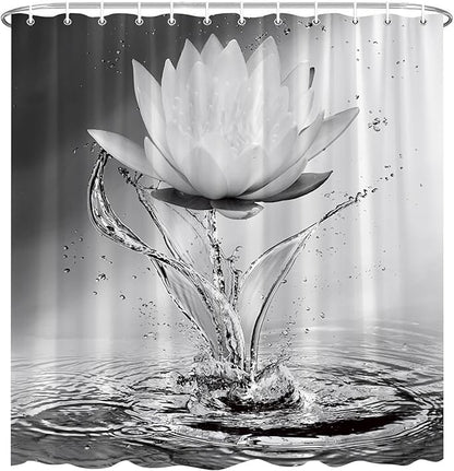 Lotus Shower Curtain Black White Grey Flower Elegant Blooming Floral with Dew Spring Flower Reflection on Water Modern Romantic Polyester Fabric Bathroom Decor 70×70 Inch with Hook