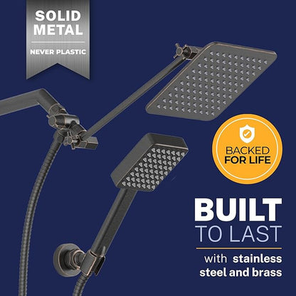 HammerHead® Solid Metal Dual Shower Head Combo — 8" Square Rain Shower Head with Handheld, 12" Adjustable Arm & Wall-Mount Holder for Flexible Installation — Oil Rubbed Bronze