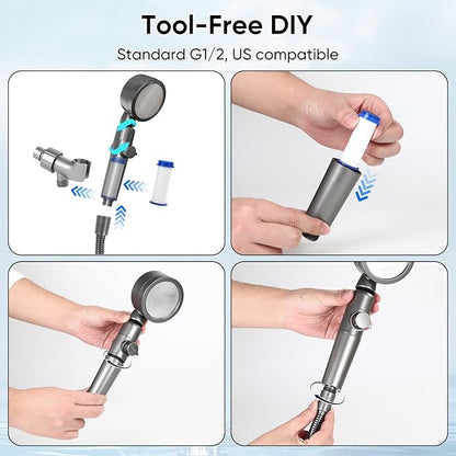 Ion Drops Filtered Shower Head for Hard Water, High Pressure Handheld with 3 Modes & Pause Switch for Pets Bath, Complete Kit with 60" Stainless Hose, 5 Replacement Filters & Bracket