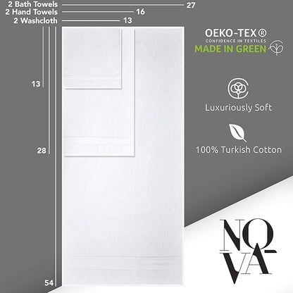 NOVA Luxury Linen - Hotel Quality Turkish Towel Set for Bathroom (6 Pcs Towel Set, Pure White)