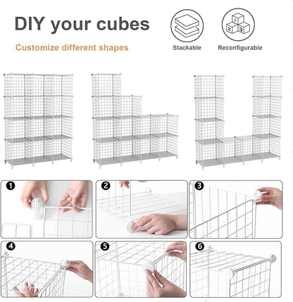 12-Cube Storage Organizer, Metal Wire Cube Shelving Unit, 11.8" L x 11.8" W x 11.8" H, Modular Grid Bookshelf for Closet, Bedroom, Office, White ATTJL12W