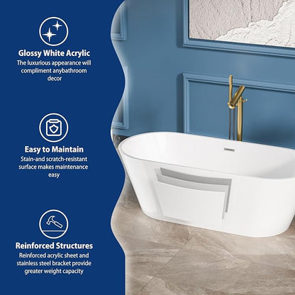 Sarlai 67 Inch Acrylic Freestanding Soaking Bathtub Contemporary Soaking White Tub Stand Alone Ergonomic Bathtub with Chrome Drain and Overflow