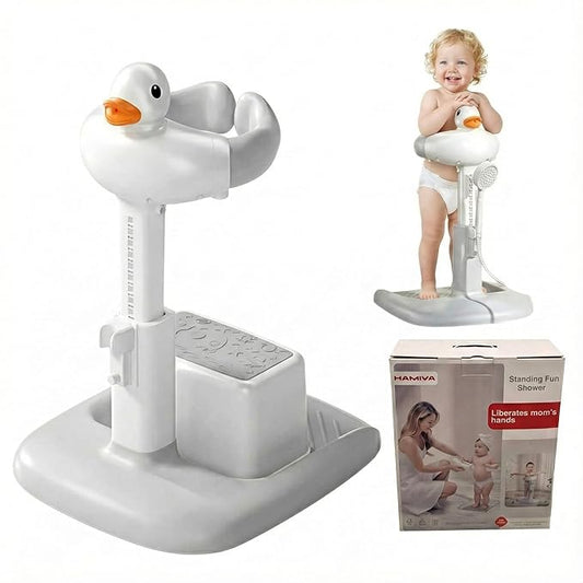 Baby Bath Stand with Built-in Seat - Duck Design - Anti-Slip Base - Baby Shower Stand for Sitting or Standing (Gray)