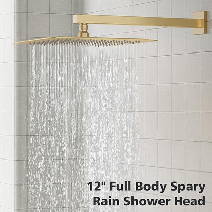 Gabrylly Shower System Gold, Rainfall Shower Faucet Set Complete, 12" High-Pressure Stainless Steel Rain Showerhead with handheld Shower Spray Combo, 2 Way Valve Included, Brushed Gold