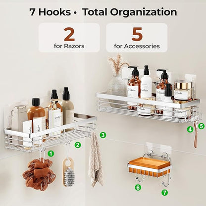 Orimade Adhesive Shower Caddy Soap Dish Holder Shelf with 5 Hooks Bathroom Organizer Basket Kitchen Storage Rack Wall Mounted No Drilling Stainless Steel - 3 Pack,Silver