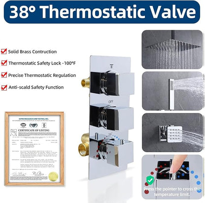 HOMEDEC Brass 4 Ways Shower Diverter Valve, Thermostatic 4 Outlets 3 Handles Control Shower Mixing Valve Trim Kit Replacement, Rough In, Chrome
