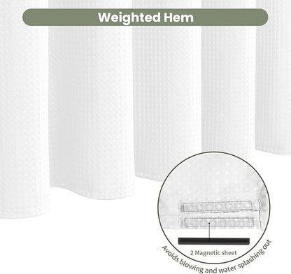 Inhousolu Fabric Shower Curtain Waffle Weave, 230 GSM Heavy Duty, Weighted Hem, 12 Metal Hooks, Water Repellent, Machine Washable, Hotel Spa Luxury Bath Curtain Set, 60 x 72 Inch, White