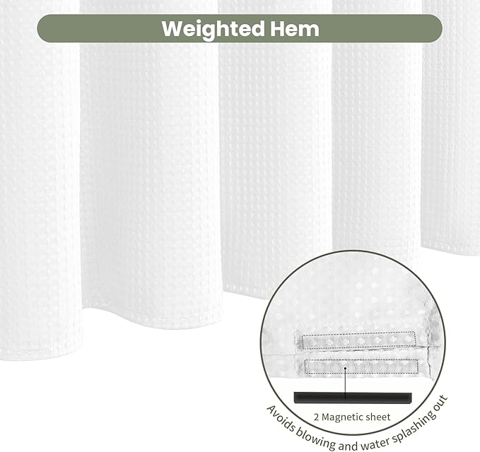 Inhousolu Fabric Shower Curtain Waffle Weave, 230 GSM Heavy Duty, Weighted Hem, 14 Metal Hooks, Water Repellent, Machine Washable, Hotel Spa Luxury Bath Curtain Set, 72 x 96 Inch, White
