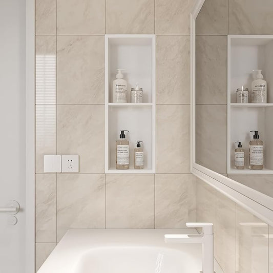 Neodrain Shower Niche Double Shelf Stainless Steel No Tile Needed Bathroom Niches Recessed in Wall, 2-Tier Recessed Wall Niche Waterproof Cubby (8X24 Inch,White)