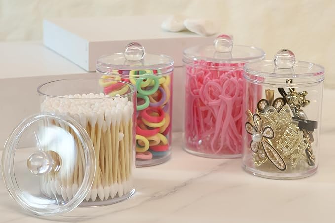 4 Pack Acrylic Qtip Holder Dispenser,Bathroom Canisters Apothecary Jar Set, Vanity Makeup Storage Organizer Set,10 oz
