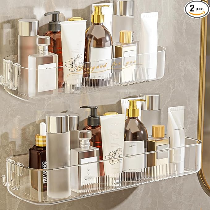 Acrylic Bathroom Shelves 2Pack, 14" Clear Adhesive Shower Shelves for Bathroom Wall Decor and Storage, No Drilling Plastic Wall Shelf Organizer for Home, Kitchen, and Dorm, Large Capacity