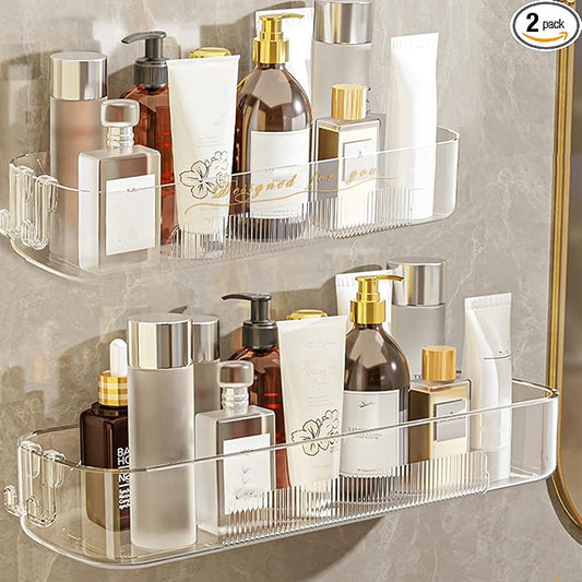 Acrylic Bathroom Shelves 2Pack, 14" Clear Adhesive Shower Shelves for Bathroom Wall Decor and Storage, No Drilling Plastic Wall Shelf Organizer for Home, Kitchen, and Dorm, Large Capacity