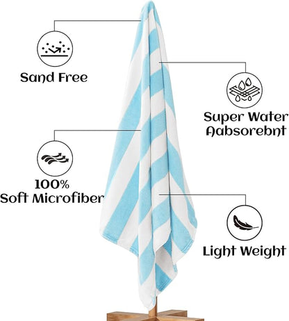 Touchat 4 Pack Cabana Stripe 250GSM Polyester Lightweight Quick-Dry Beach Towel & Blanket Combo- 30'' x 60'' Compact Travel Towel for Pool, Camping, Gym, Yoga | Ultra-Portable, Multi-Functional，Blue