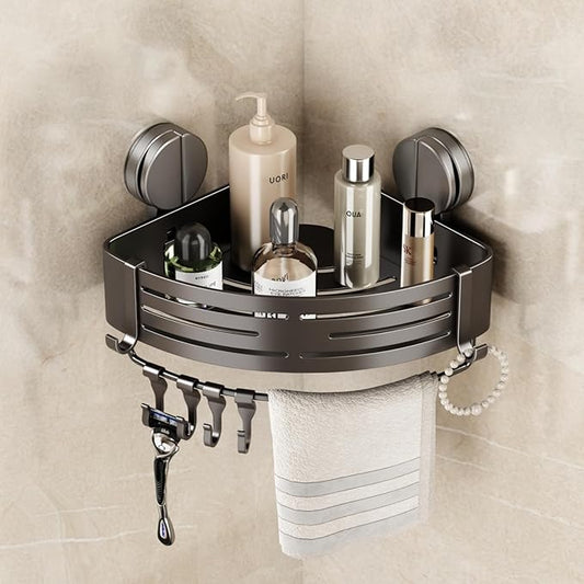 VOLPONE Corner Shower Caddy Suction Cup Shower Shelf Corner No Drilling Bathroom Shower Organizer Storage Rack Adhesive with Towel Bar Hooks(1-Pack, Gray)