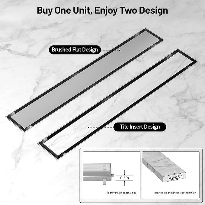 Linear Shower Drain, 304 Stainless Steel with Adjustable Leveling Feet, Hair Strainer,Reversely Install Place to Create an Invisible Floor Drain - Silver -12-Inch