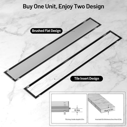 Linear Shower Drain, 304 Stainless Steel with Adjustable Leveling Feet, Hair Strainer,Reversely Install Place to Create an Invisible Floor Drain - Silver -32-Inch