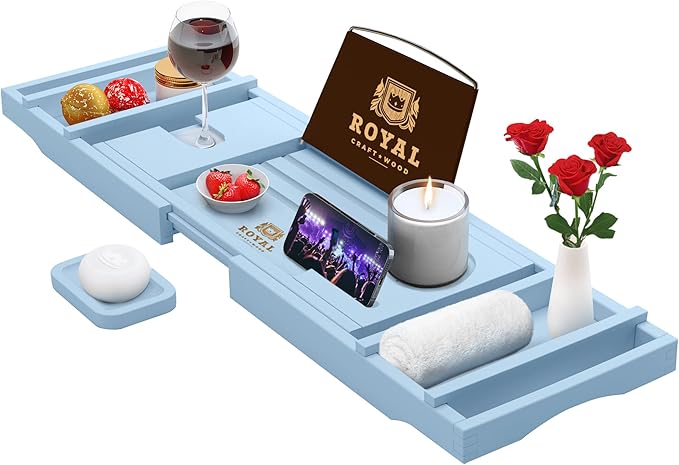 ROYAL CRAFT WOOD Non-Foldable Bathtub Tray - Wood Bath Tray for Tub, Bamboo Bathtub Shelf, Expandable Bath Table Trays, Luxury Bathroom Accessories for New Home & Unique Gift for Women
