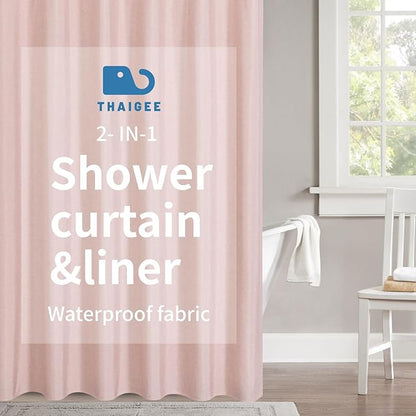 2-in-1 Waterproof Long Fabric Shower Curtain or Liner,Linen Textured,78 Inch Breathable TPU & Washable Bathroom Shower Curtain Set with 12 Plastic Hooks,Modern,72"x78" Blush