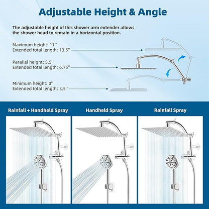 Hibbent All Metal Shower Head, 12'' High Pressure Rain Shower Head/Handheld Showerhead Combo with 16'' Adjustable Arc-shaped Extension Arm, 10 Sprays, 71'' Hose, Adhesive Showerhead Holder, Chrome
