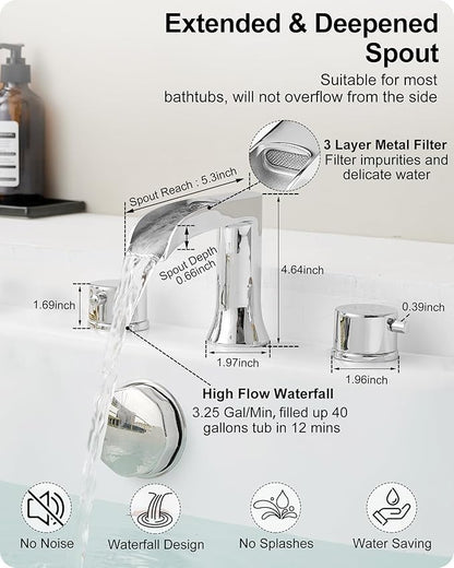 Waterfall Bathtub Faucet Set, Chrome Deck Mount Tub Faucet High Flow Brass Bath Tub Faucets 6-16 Inch 2 Handle Widespread Roman Tub Faucet 3.25 gal/Min Psi 60 1/2" Water Supply Line No Leaks
