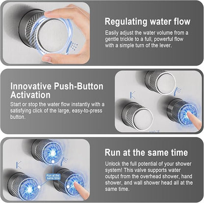 Modern Push Button 3 Way Thermostatic Shower Valve, Concealed 3 Outlet Multi Function Brass Mixer Shower Diverter Valve Kit Can Control Flow and On-Off Simultaneously, Brushed Nickel