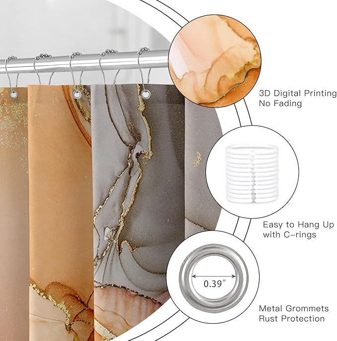 Small Stall Marble Shower Curtain 36 x 72 Inch, Half Narrow Abstract Modern Shower Curtains for Bathroom, Luxury Art Ink Texture Fabric Shower Curtain Set with Hooks, Orange