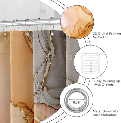 Small Stall Marble Shower Curtain 36 x 72 Inch, Half Narrow Abstract Modern Shower Curtains for Bathroom, Luxury Art Ink Texture Fabric Shower Curtain Set with Hooks, Orange