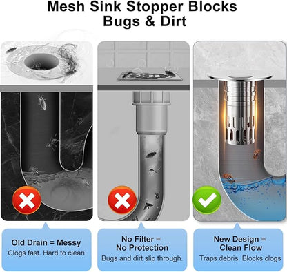 Bathroom Sink Stopper, Pop Up Drain for Bathroom Sink, Sink Plug Hair Catcher, Silent Popper Core with Removable Stainless Steel Filter Basket (Brushed Nickel, 2 Pack)