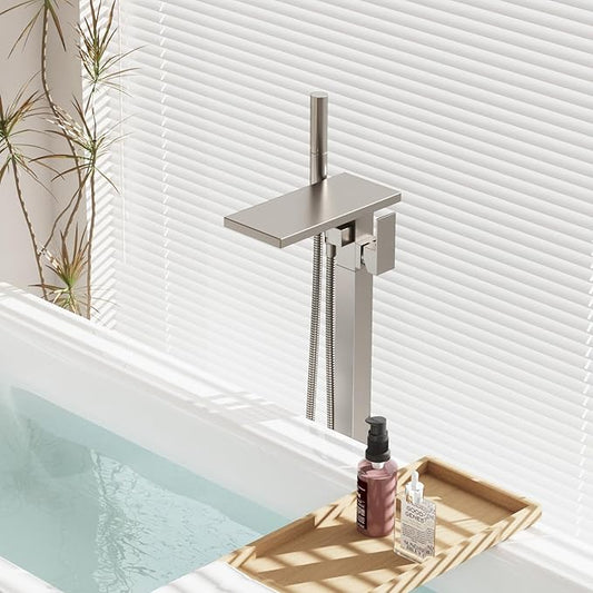 Hoimpro Floor Mount Bathtub Faucet Freestanding Waterfall Tub Filler, Brushed Nickel Single Handle High Flow Shower Faucets Mixer Bathroom Tub Faucets with 2 Function Hand Shower Wand