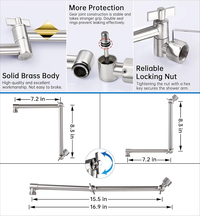 G-Promise 16 Inch Shower Head Extension Arm, Solid Brass Height & Angle Adjustable Extender, Rise or Lower Rainfall and Fixed Shower Head (Brushed Nickel)