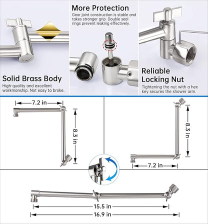 G-Promise 16 Inch Shower Head Extension Arm, Solid Brass Height & Angle Adjustable Extender, Rise or Lower Rainfall and Fixed Shower Head (Brushed Nickel)