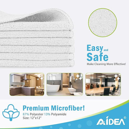AIDEA Microfiber Cleaning Cloth-12PK, Soft Microfiber Towels for Cars, Absorbent Cleaning Rags, Lint-Free Streak-Free Wash Cloths for House, Kitchen, Window(12in.x12in), White