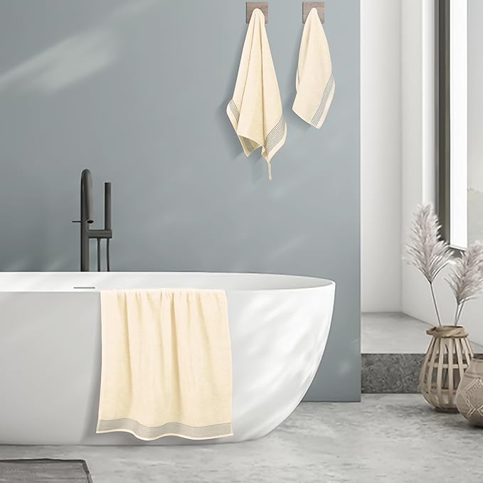 Belizzi Home Ultra Soft 3 Pack Cotton Towel Set, Contains a Bath Towel 28x55 inch, a Hand Towel 16x24 inch & a Wash Coth 12x12 inch, Ideal Everyday use, Compact & Lightweight -Ivory