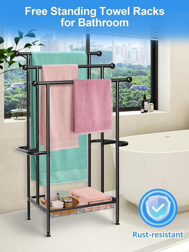 Freestanding Towel Rack, 3-Tier Heavy-Duty Metal Stand with Storage Baskets & Side Bars, Pool Towel and Blanket Holder, Indoor/Outdoor Drying Rack for Bathroom or Bedroom Towel Storage Accessories