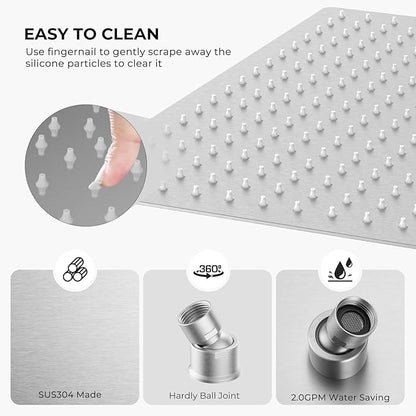 Oversize Rain Shower Head, Ultra Thin 16 Inch Square Stainless Steel Rainfall Shower Head with 360° Rotation, High Pressure Waterfall, Full Body Coverage, Brush Nickel