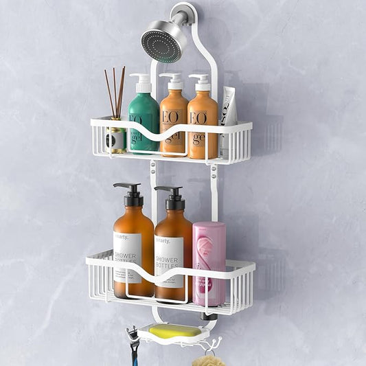Kadolina Shower Caddy Hanging, Bathroom Shower Rack, Bathroom Organizer with Soap Dish, Over The Showerhead Caddy with Hooks for Razor/Sponge, Soft White (Assembly Required)