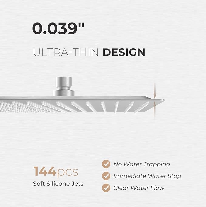 12 Inch Rain Shower Head, 12" Square Rainfall & High Pressure Stainless Steel Bath Shower Head, 1/16" Ultra Thin, Waterfall Full Body Coverage with Silicone Nozzle, Polished Chrome