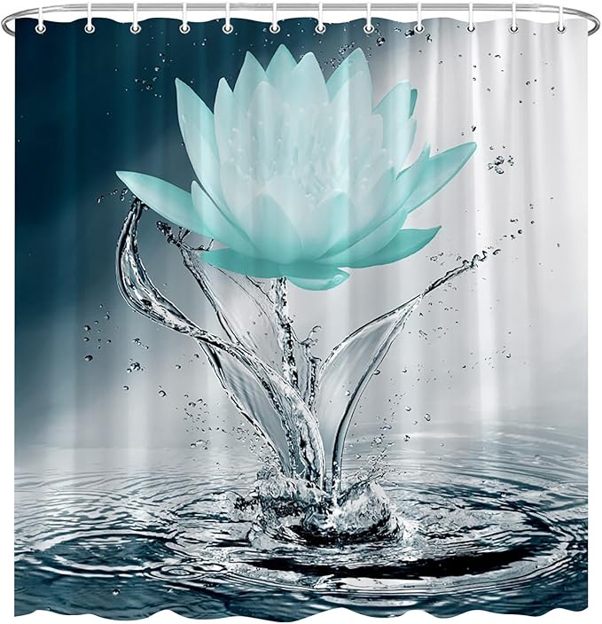 Lotus Shower Curtain Black White Blue Teal Flower Elegant Blooming Floral with Dew Spring Flower Reflection on Water Modern Romantic Polyester Fabric Bathroom Decor 70×96 Inch with Hook