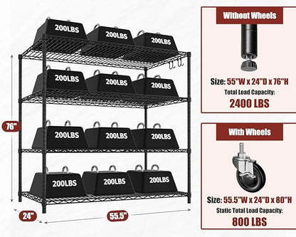 PrimeZone 6 Packs 55.5" W x 24" D x 80" H Heavy Duty Wire Storage Shelves with Wheels, 4 Tier Adjustable NSF Certified Garage Shelving Unit, Rolling Metal Organizer Shelf Rack for Warehouse, Pantry
