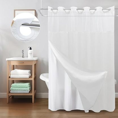 Inhousolu Extra Long No Hook Shower Curtain with Snap in Fabric Liner Set Waffle Weave 230GSM Weighted Hem, Waterproof & Washable Bathroom Curtain Spa Luxury with Mesh Top Window 72" W x 84" L White