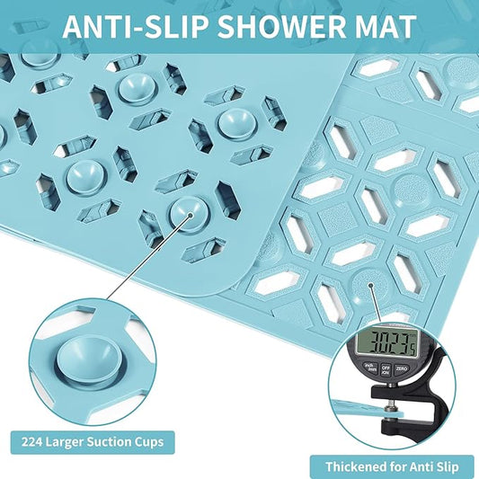 OTHWAY Square Shower Mat, 27"x 27" Extra Large Shower Mats for Inside Shower, TPE Anti Slip Shower mat with Suction Cups Drain Holes, Machine Washable Shower Floor Mat (Blue)