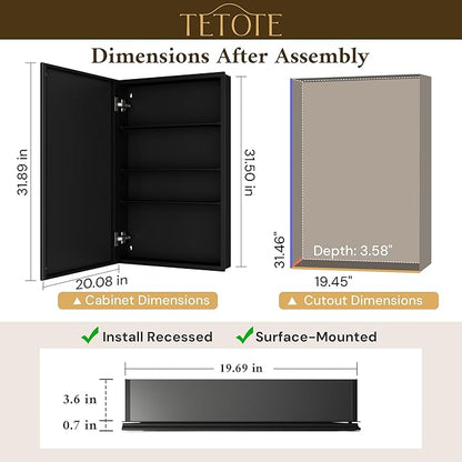 TETOTE 20 x 32 Mirrored Medicine Cabinets for Bathroom with Tempered Beveled Mirror Black Medicine Cabinet Aluminum Cabinet DTC Hinges, Stepless Adjustable Shelves, Recessed/Surface-Mounted